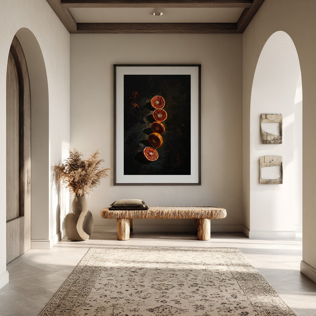 Modern interior with a framed artwork on the wall, wooden bench, and decorative vase.