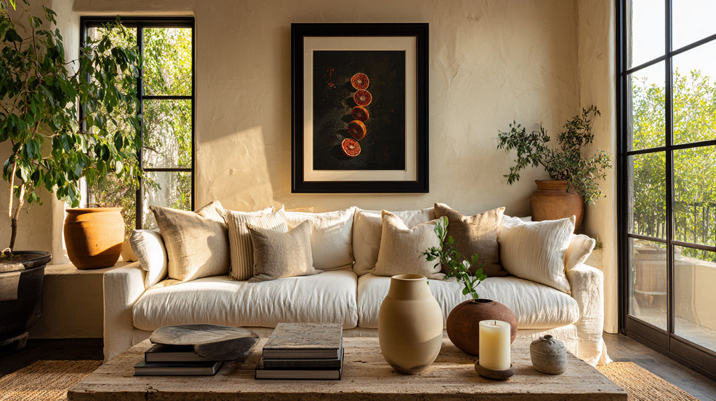 Living room with a white sofa, decorative pillows, and a coffee table with candles and books.