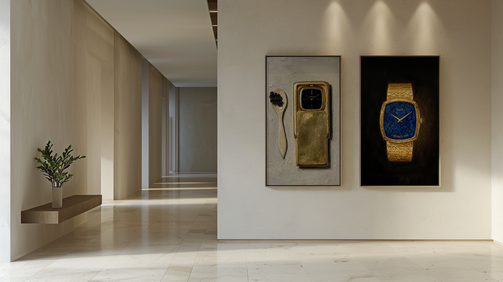 Two gold watches on a wall in a modern hallway