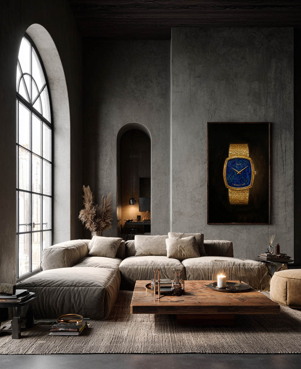 Modern living room with a large sofa, wooden coffee table, and wall art of a watch.