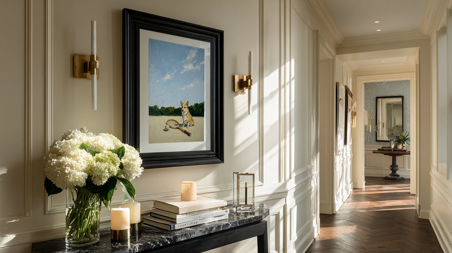 Elegant interior with a framed picture, candles, and flowers on a table.