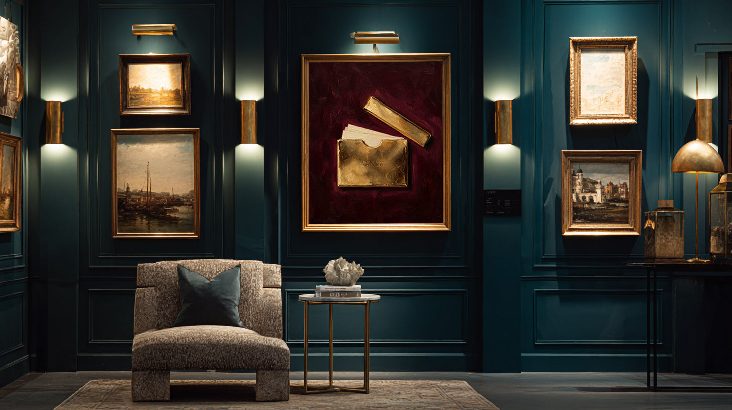 Luxurious interior with dark blue walls, framed artworks, and a gray armchair.
