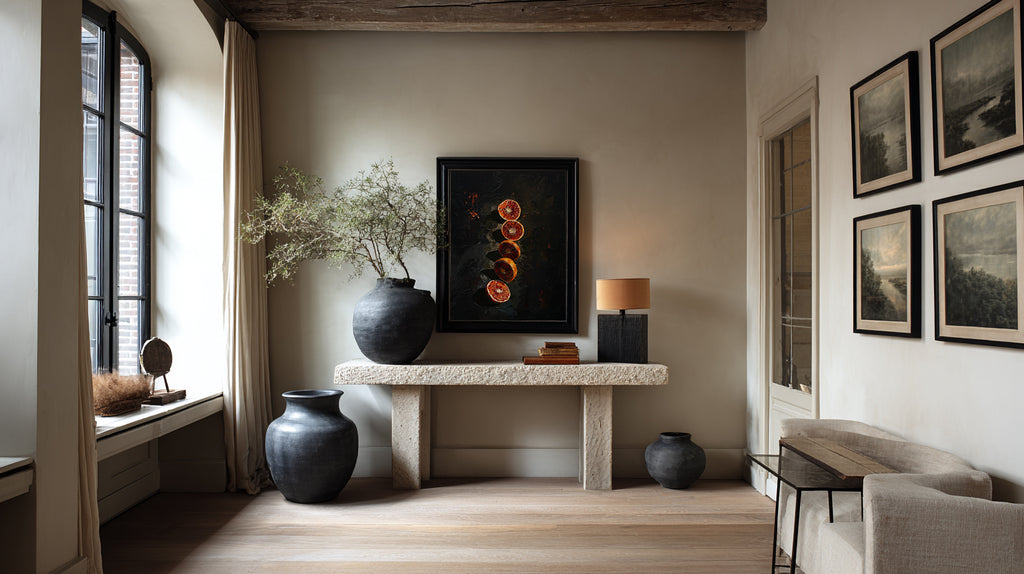 Modern interior with a stone console table, decorative items, and wall art.