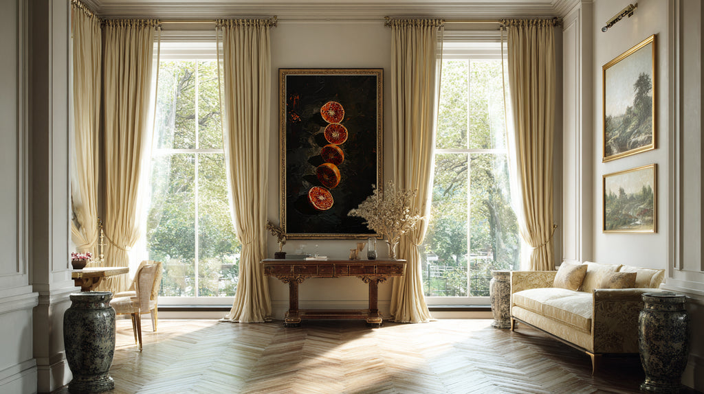 Luxurious living room with large windows, elegant furniture, and decorative art.