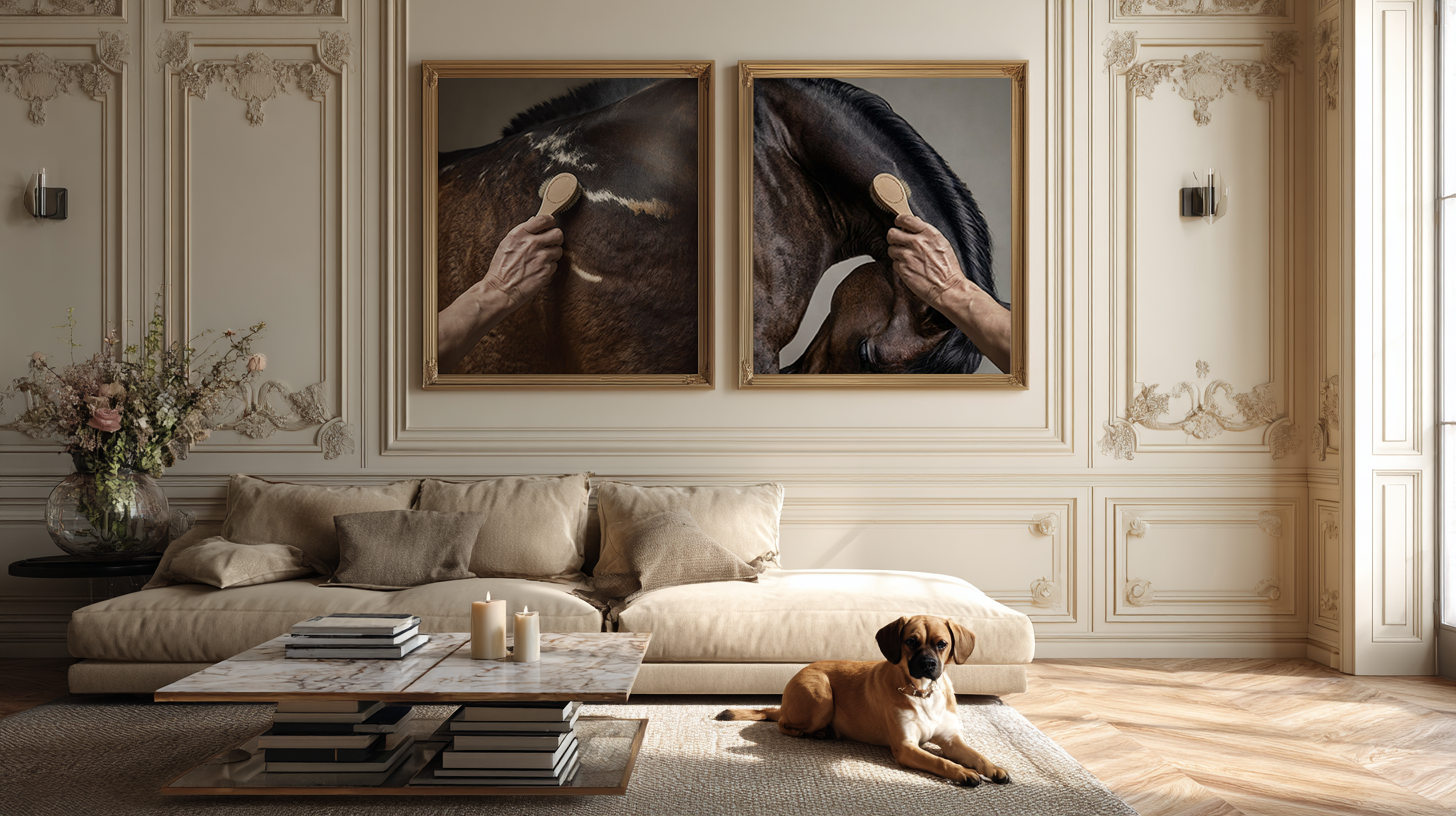close up photograph of a horse’s shoulder being brushed by hand in soft studio lighting