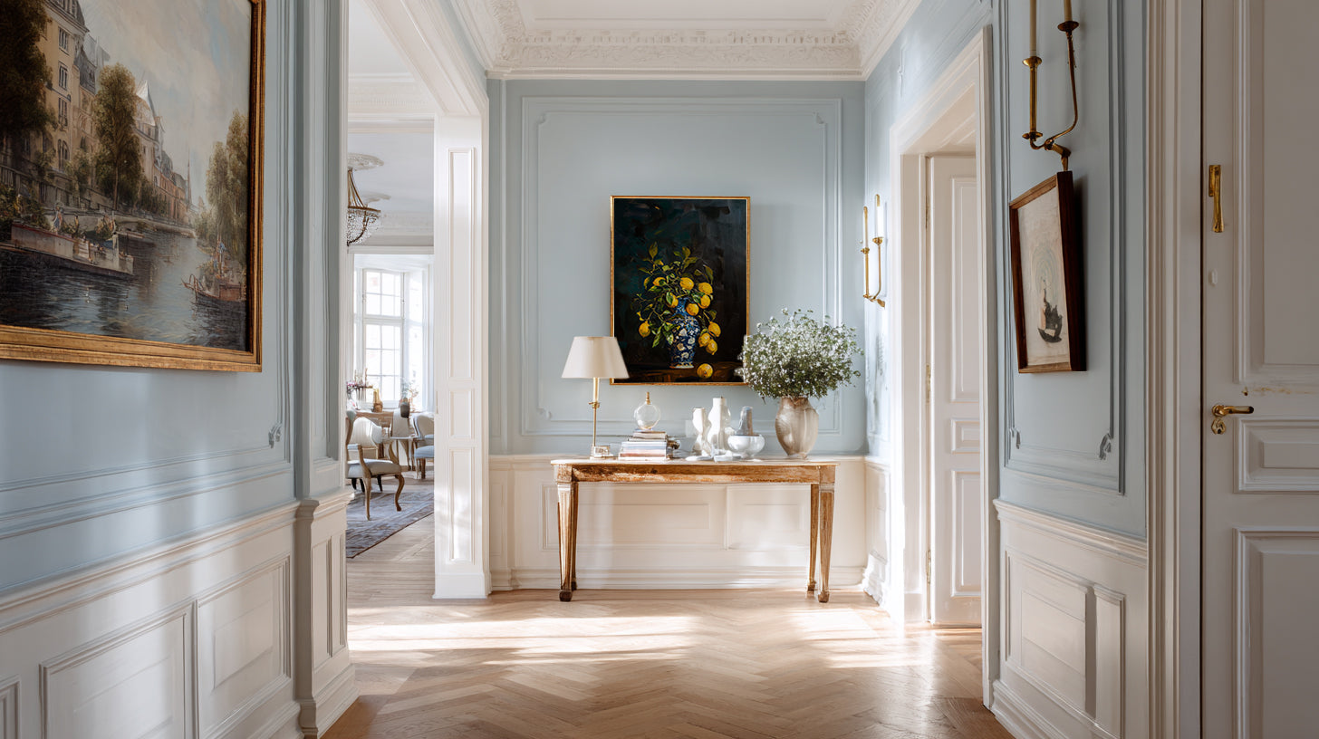 Luxurious interior with light blue walls, wooden floors, and decorative elements.
