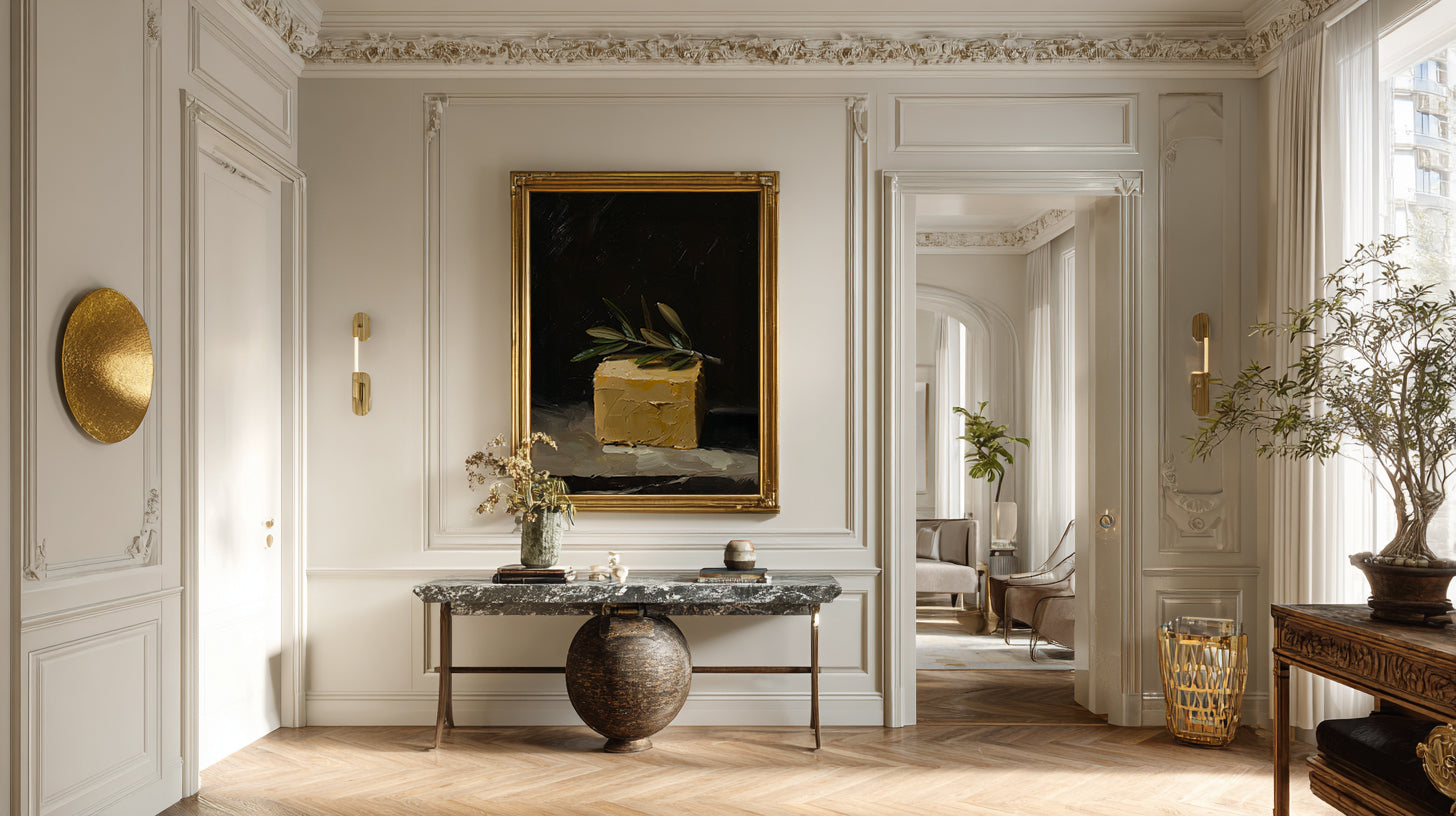 oil style still life painting of a butter block topped with an olive branch on a dark background, classical textured artwork with warm light