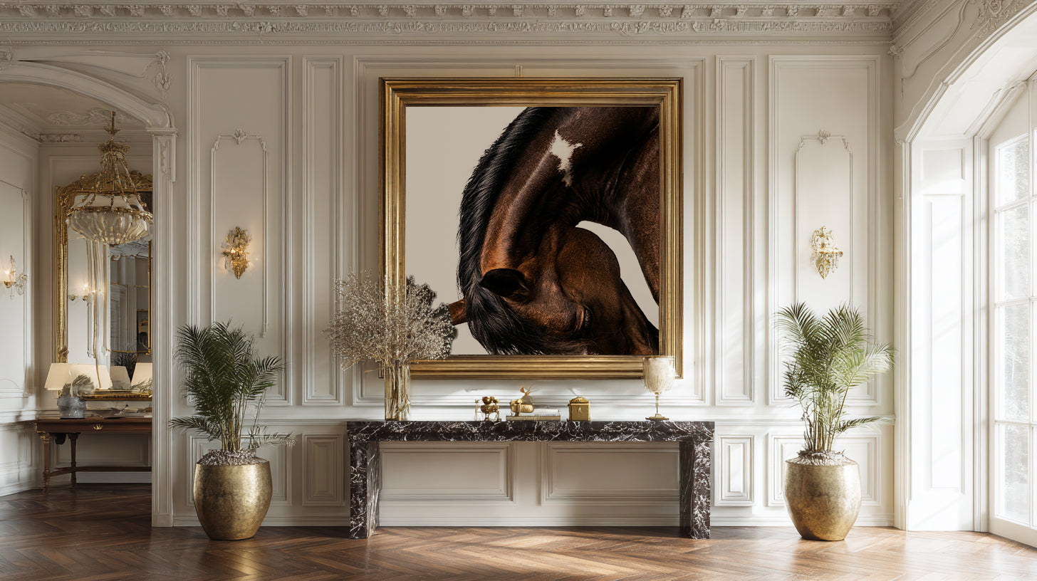 close up photograph of a horse lowering its head in a graceful bow, showing the curved neck and soft lighting
