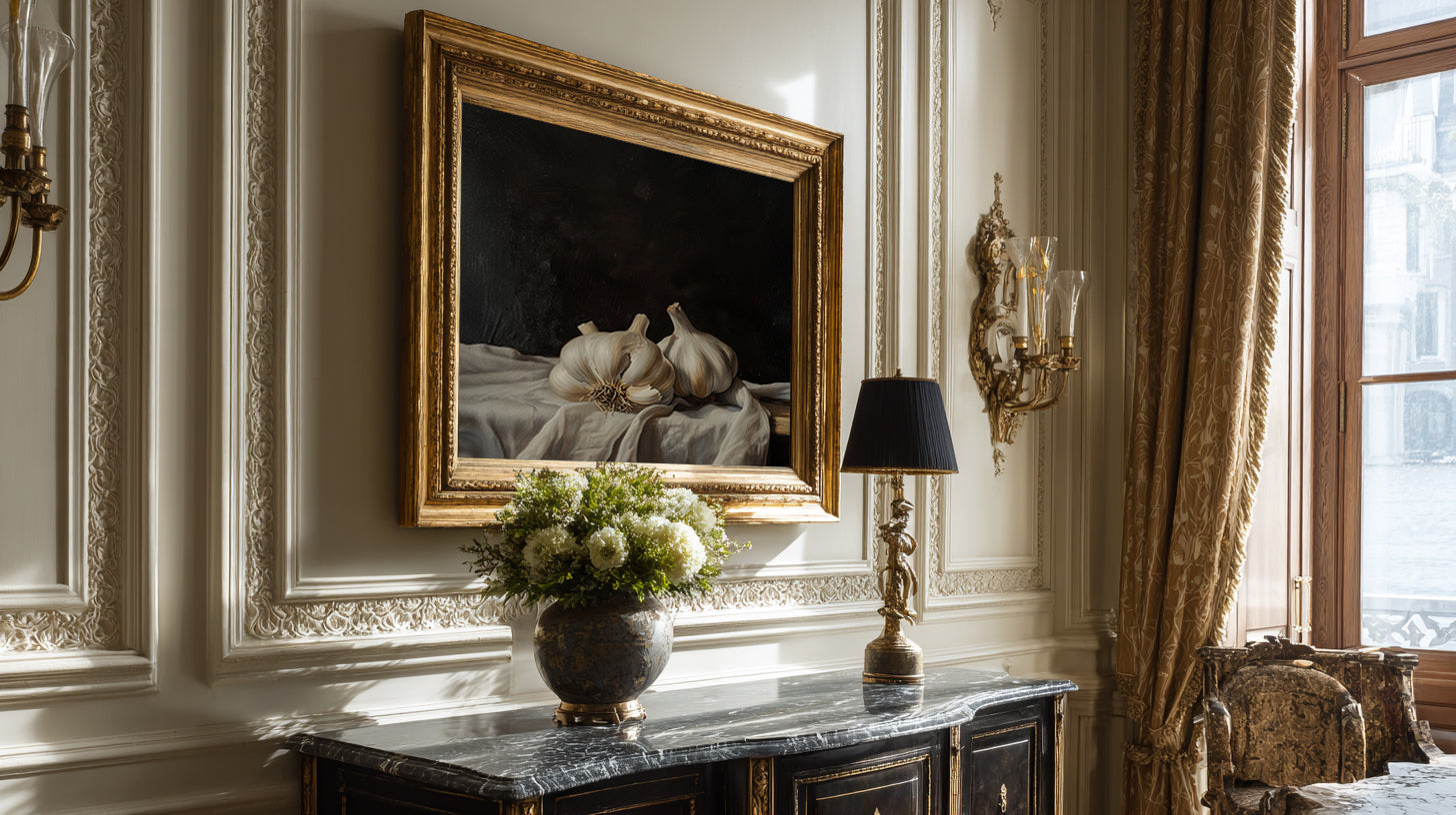 Luxurious interior with marble console table, decorative lamp, and framed artwork.