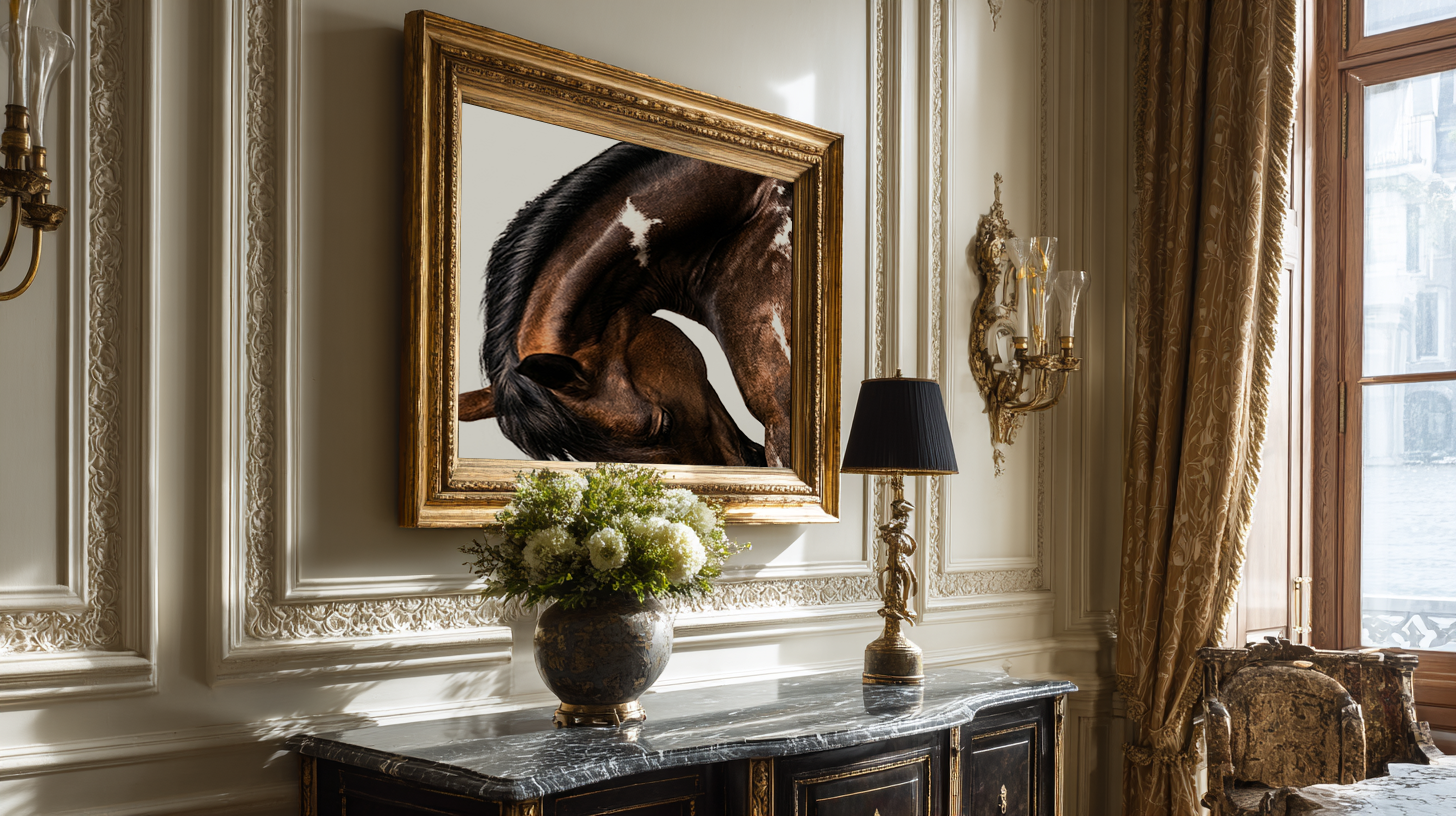 close up photograph of a horse lowering its head in a graceful bow, showing the curved neck and soft lighting
