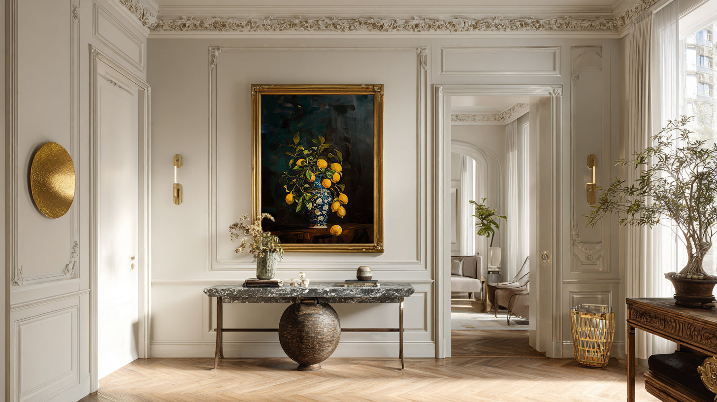 Elegant interior with classical decor, including a painting and marble table.