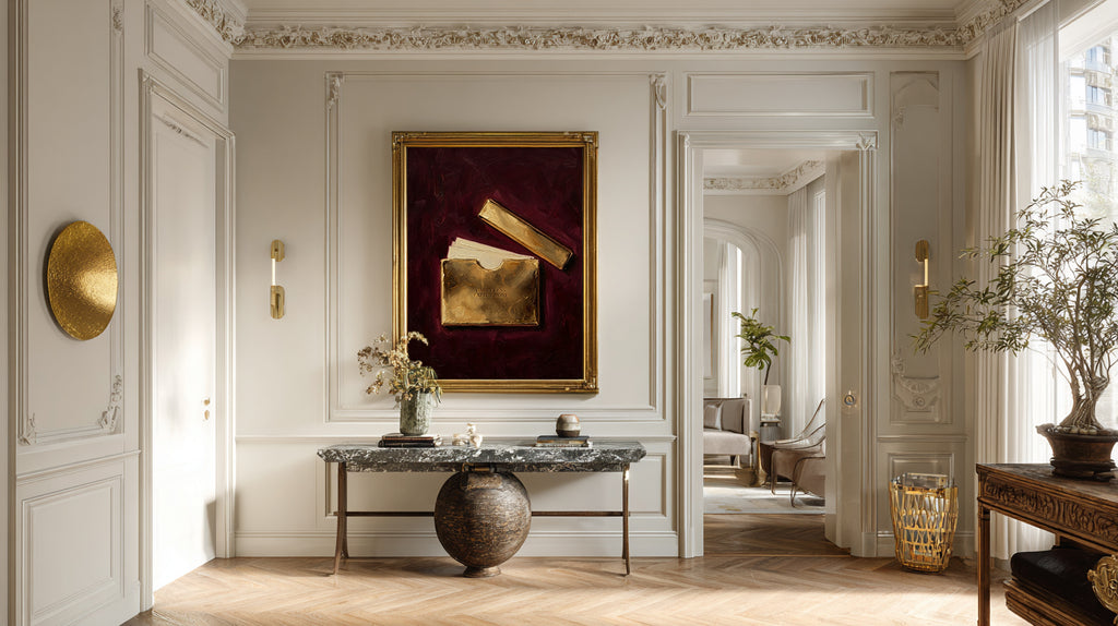 Luxurious interior with marble table, gold accents, and classical art.