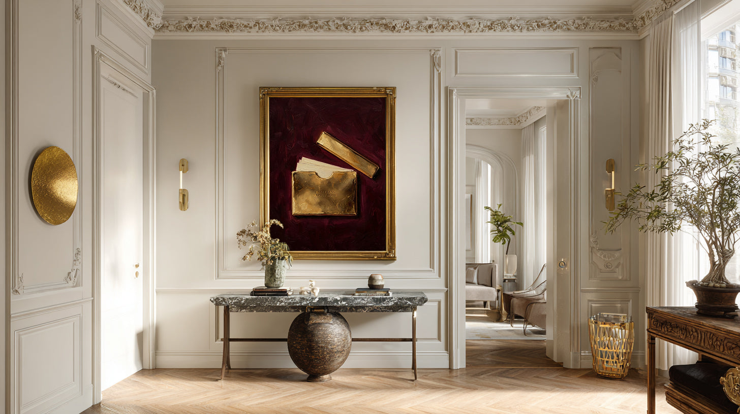 Luxurious interior with marble table, gold accents, and classical art.