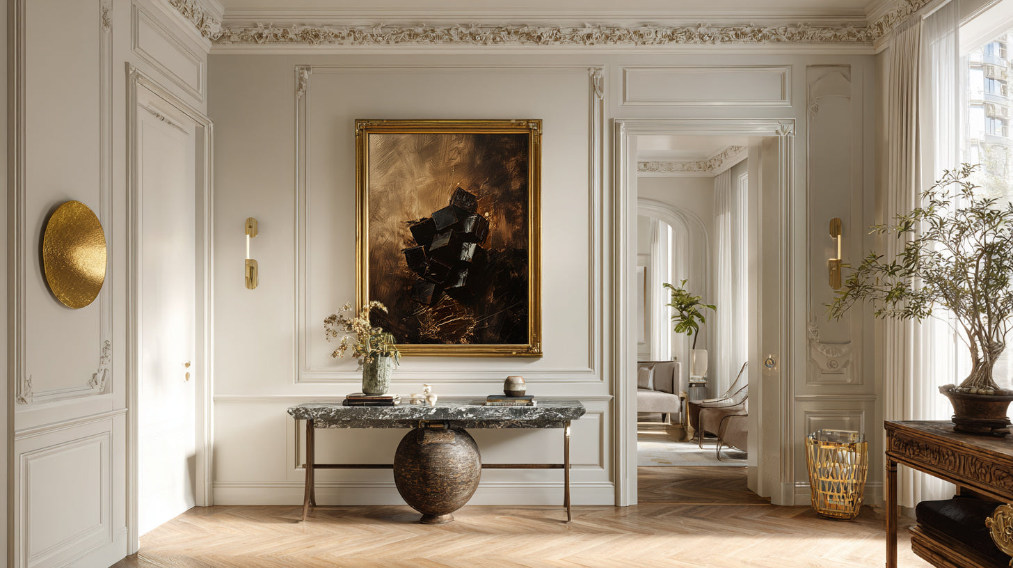 Elegant interior with a marble table, decorative painting, and gold accents.