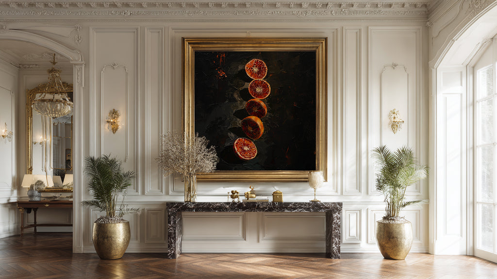 Luxurious interior with a marble console table, decorative plants, and a large framed artwork.