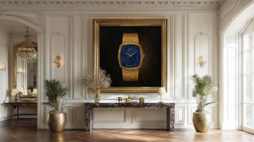 Luxurious interior with a large framed watch artwork on a wall.