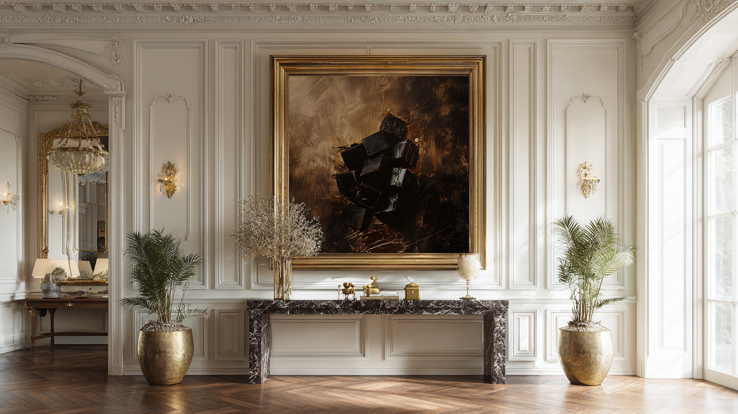 Luxurious interior with a large painting on the wall, marble console table, and decorative elements.