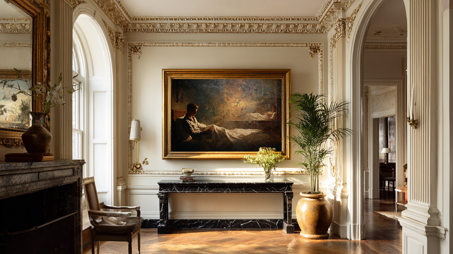 romantic oil style figurative painting showing a man in lamplight and a woman in shadow, cinematic artwork exploring loneliness, emotional distance and modern relationships