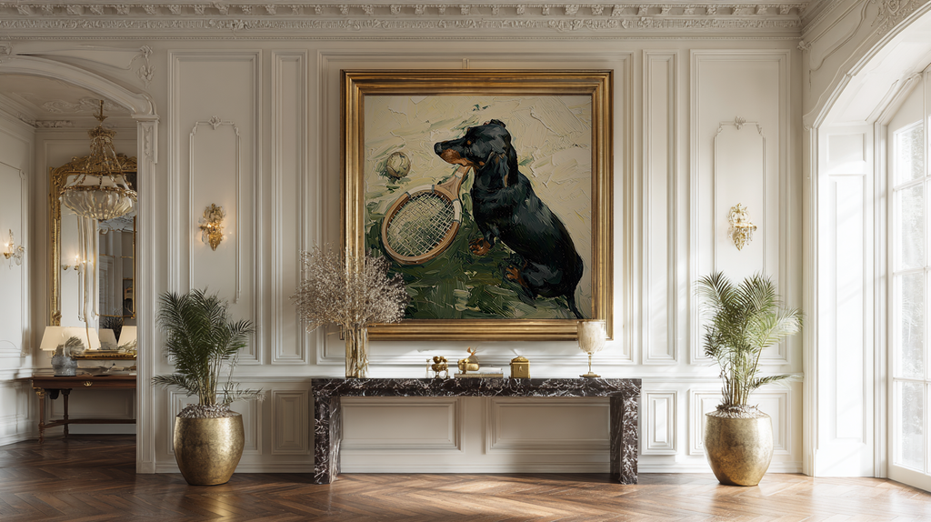 Stylish interior with a painting of a dog on a marble console table.