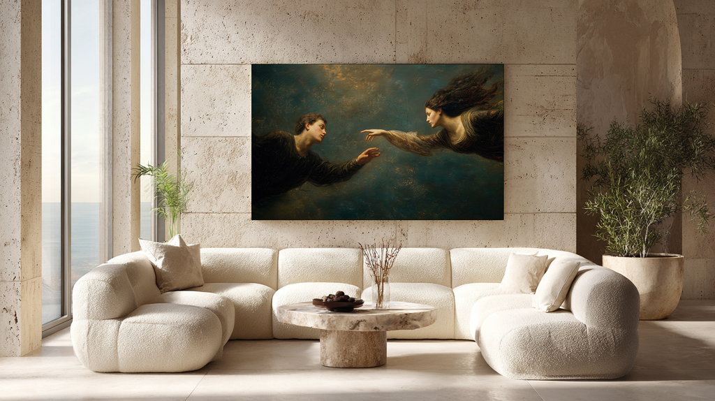 oil style landscape painting of a man reaching toward a woman in an ethereal scene, romantic figurative artwork inspired by classical frescoes, symbolising longing and emotional distance