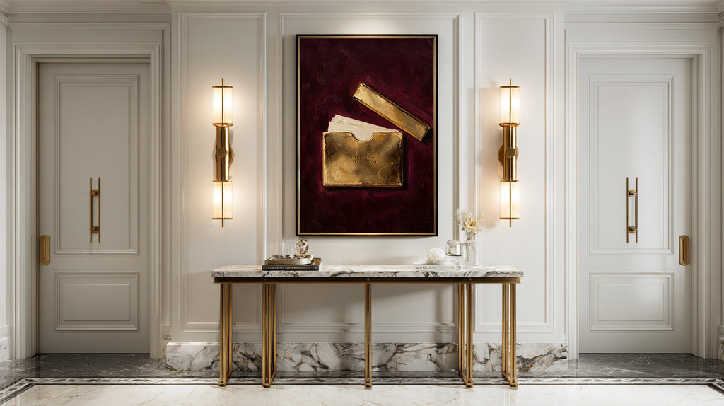 Luxurious interior with a marble console table, gold accents, and a painting on a white wall.
