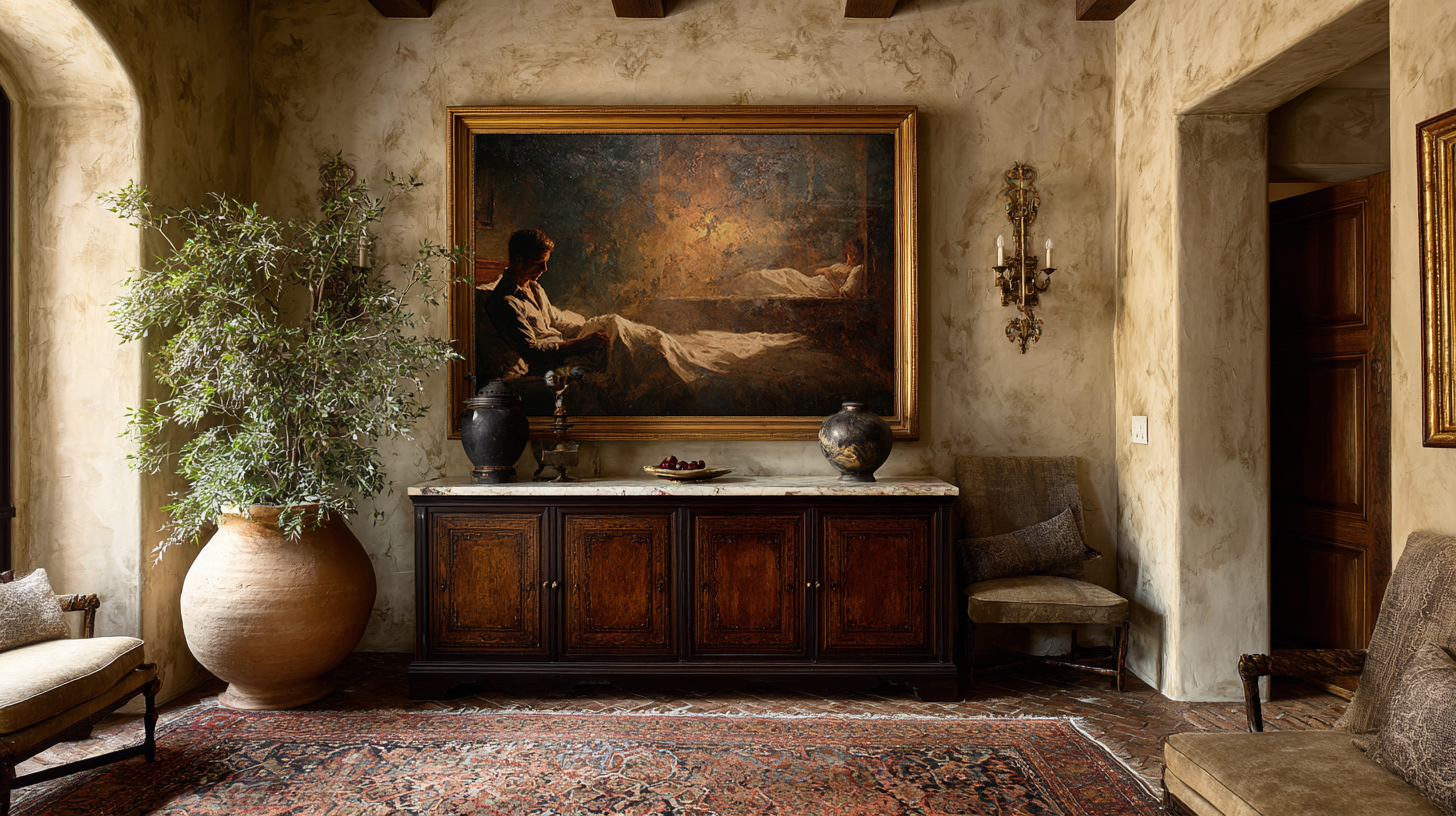 Romantic oil style painting of a man in warm lamplight and a woman resting in soft shadows across the room, cinematic landscape composition.