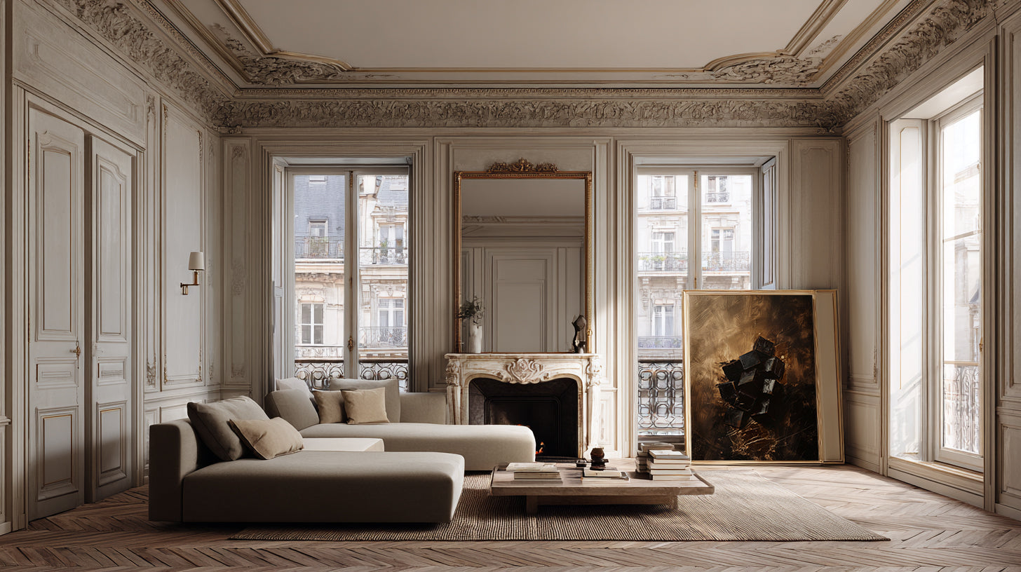 Luxurious living room with classical decor, large windows, and a fireplace.