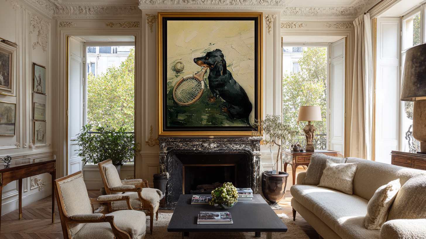Living room with a large painting of a dog on the wall, marble fireplace, and light-colored furniture.