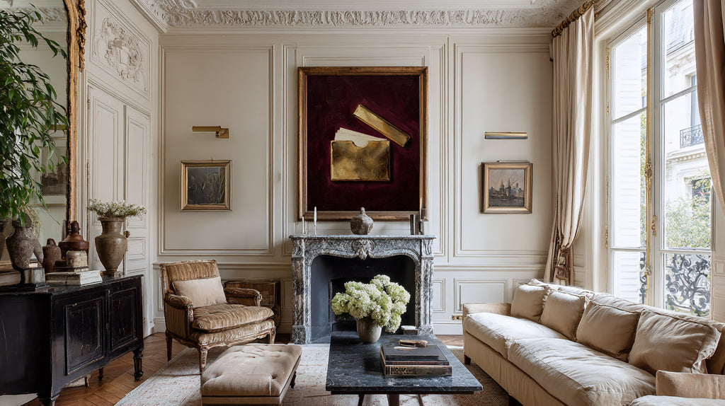 Luxurious living room with classical decor, including a fireplace and elegant furniture.