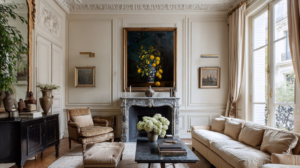 Living room with classical decor, including a fireplace, sofa, and artwork.