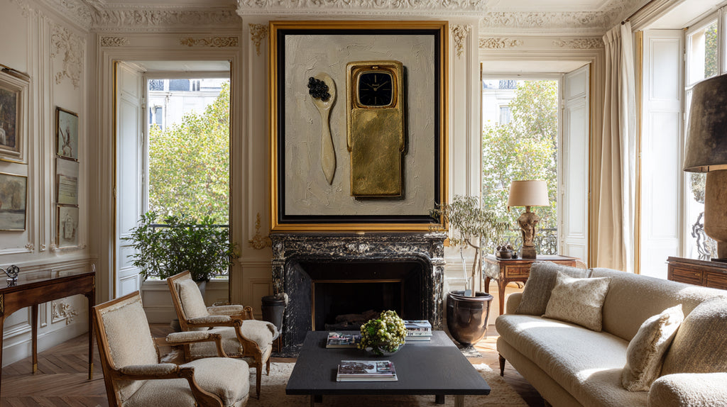 Living room with a fireplace, sofa, and decorative items.