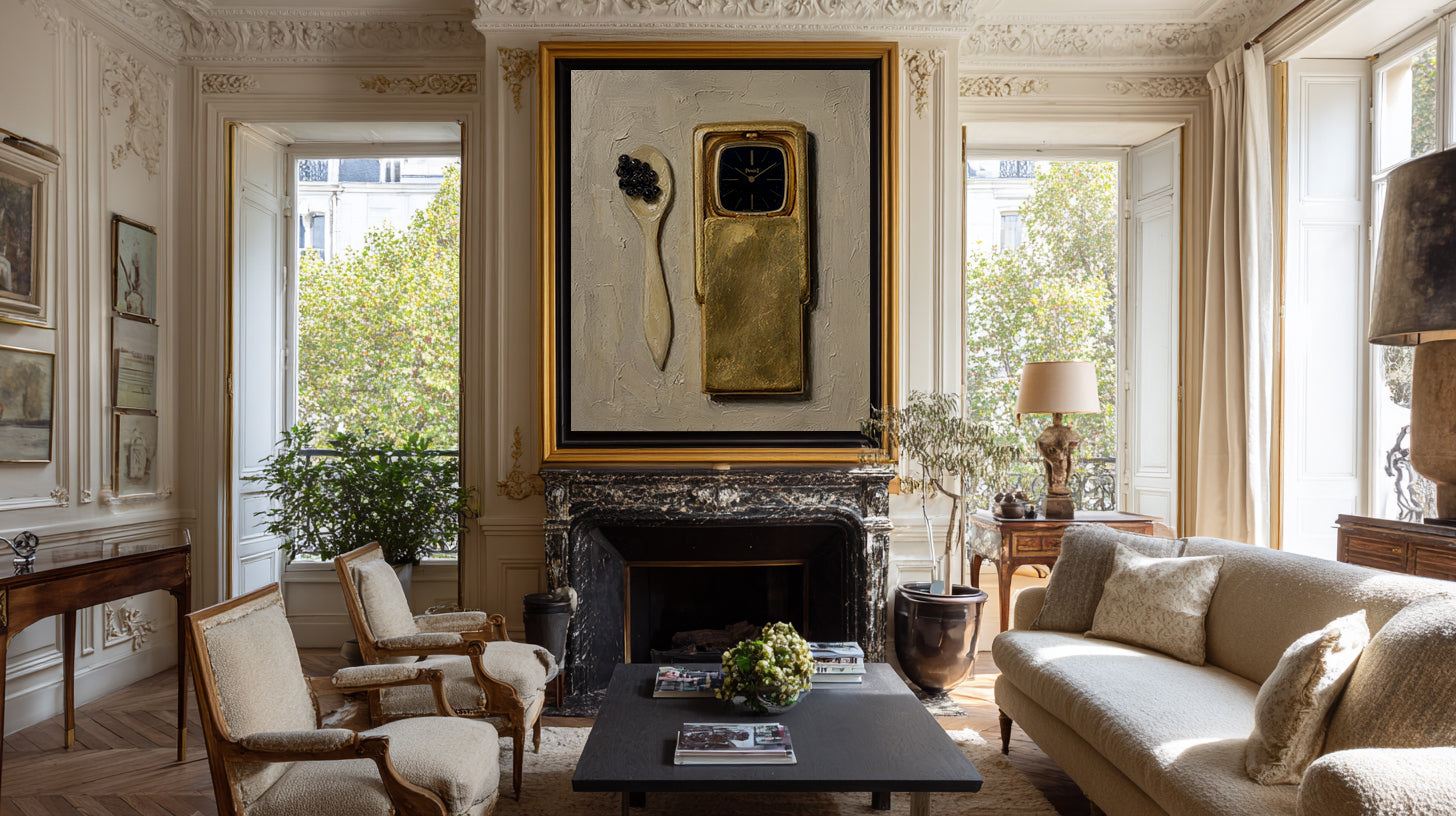 Living room with a fireplace, sofa, and decorative items.