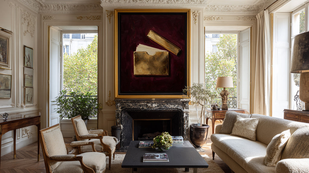 Luxurious living room with a fireplace, sofa, and decorative painting.