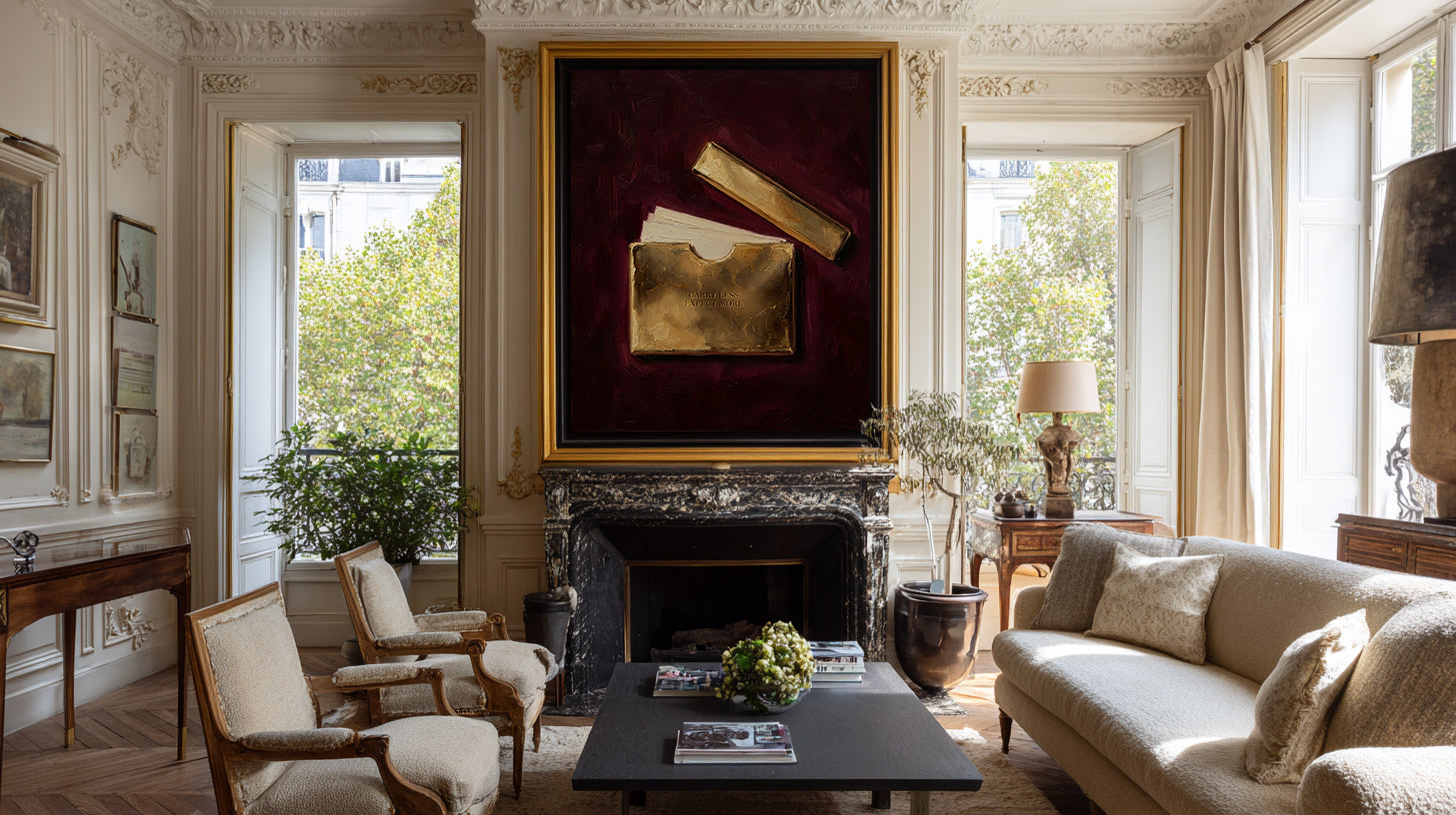Luxurious living room with a fireplace, sofa, and decorative painting.