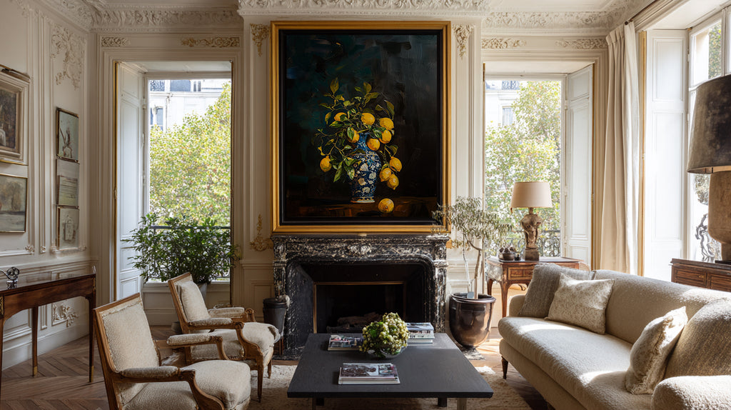 Luxurious living room with a large painting of lemons on the wall, marble fireplace, and elegant furniture.