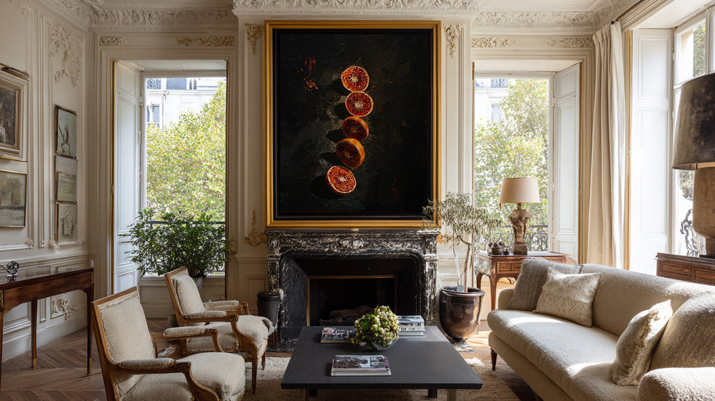 Living room with a fireplace, sofa, and decorative wall art.