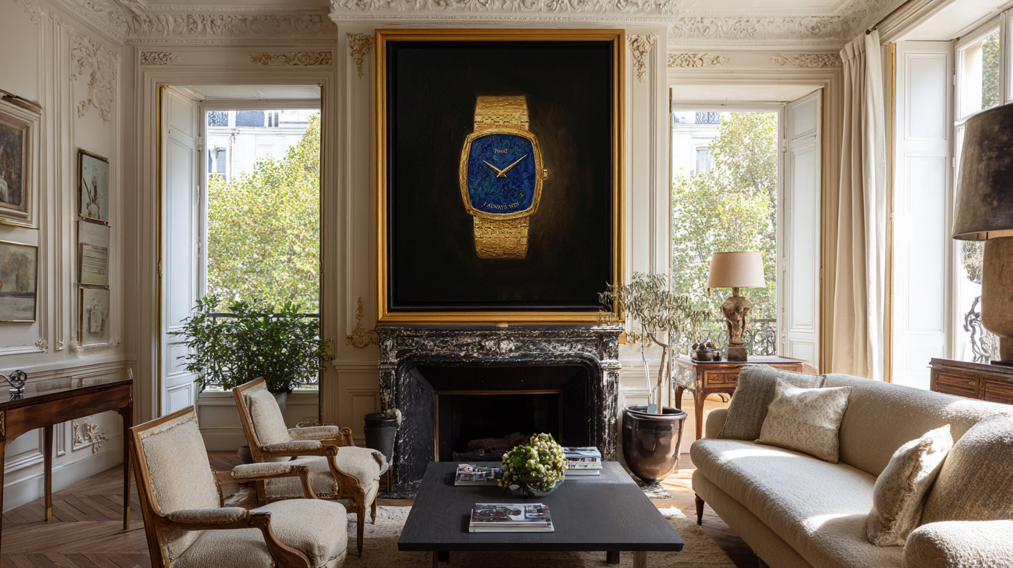 Luxurious living room with a large framed watch on the wall