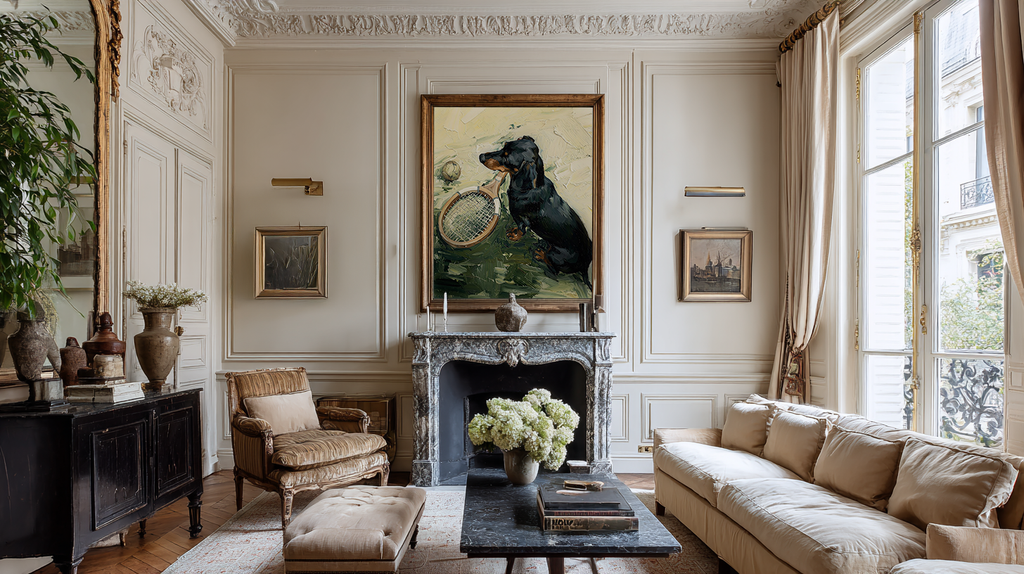 Living room with a fireplace, sofa, and decorative items.