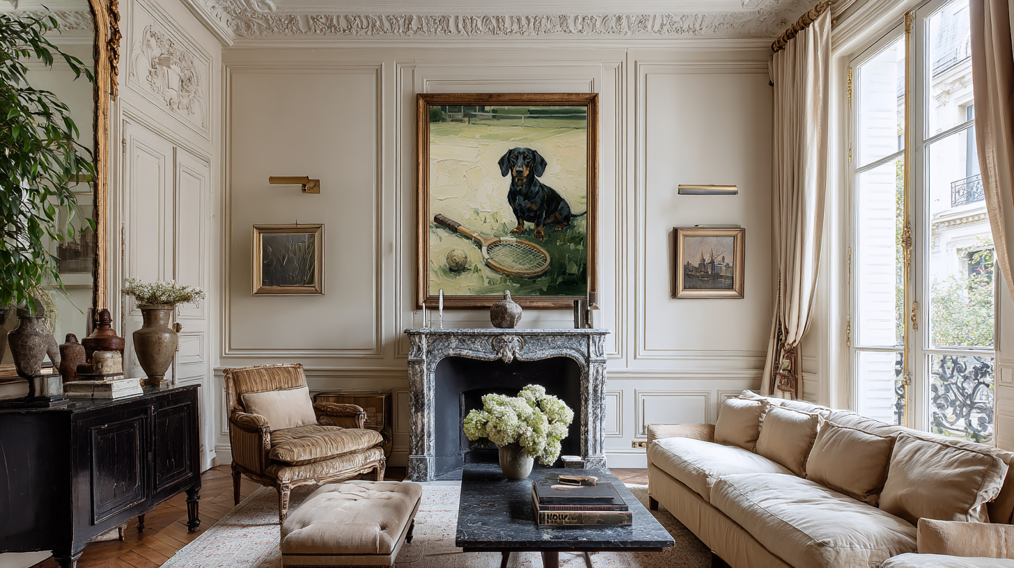Living room with classical decor, including a fireplace, sofa, and framed artwork.