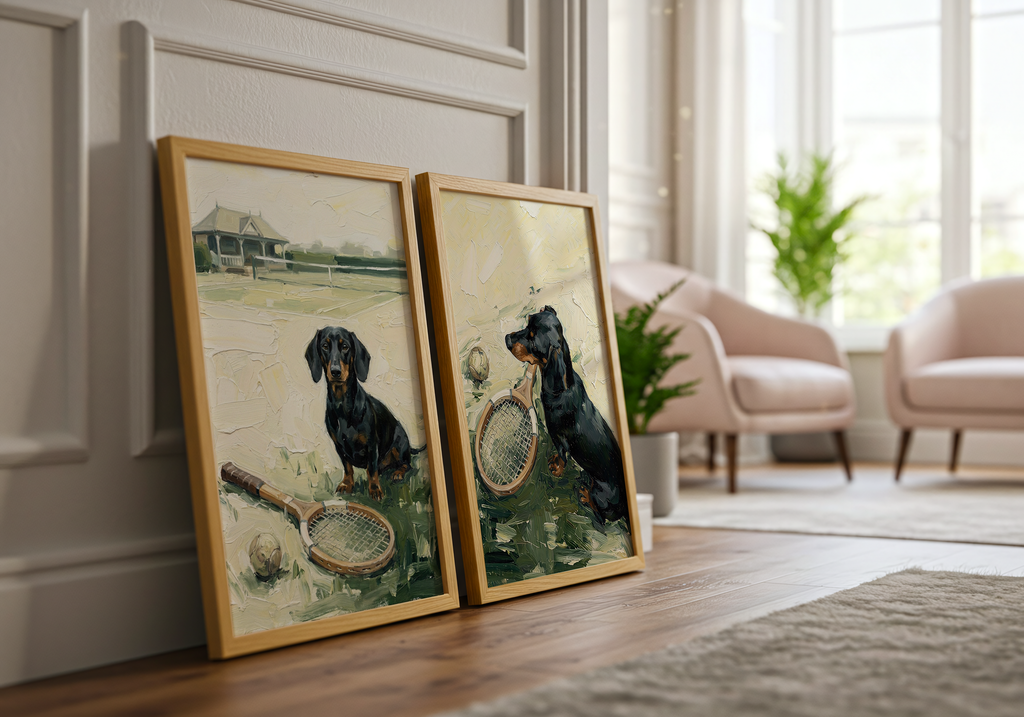 Impressionist fine art print of a black dachshund sitting beside a vintage wooden tennis racket and tennis ball, painted in expressive textured brushstrokes.