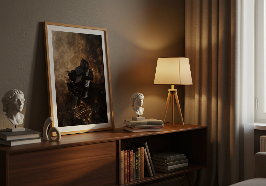 Wooden shelf with books, a lamp, and decorative items in a warm, dimly lit room.