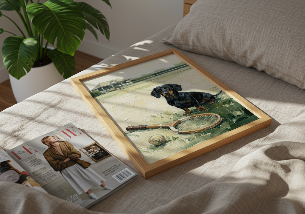 Framed artwork of a dachshund with a tennis racket on a bed next to a magazine