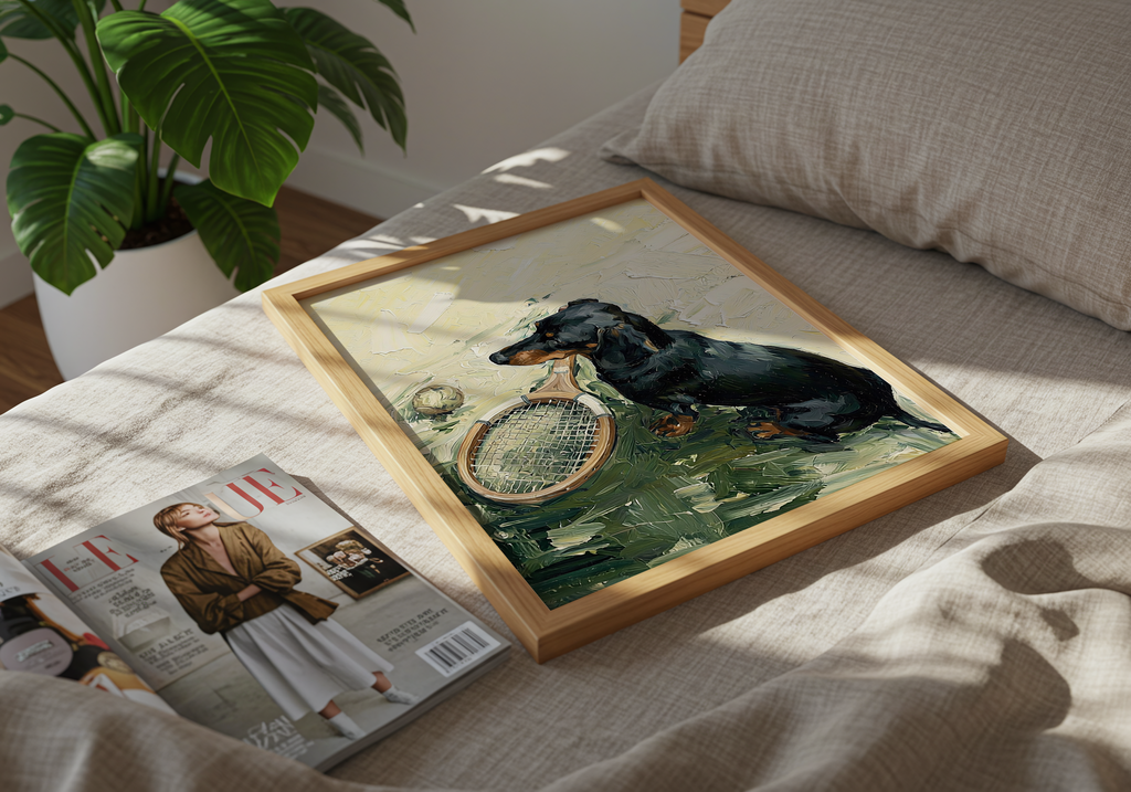 Framed artwork of a dachshund on a bed with a magazine underneath