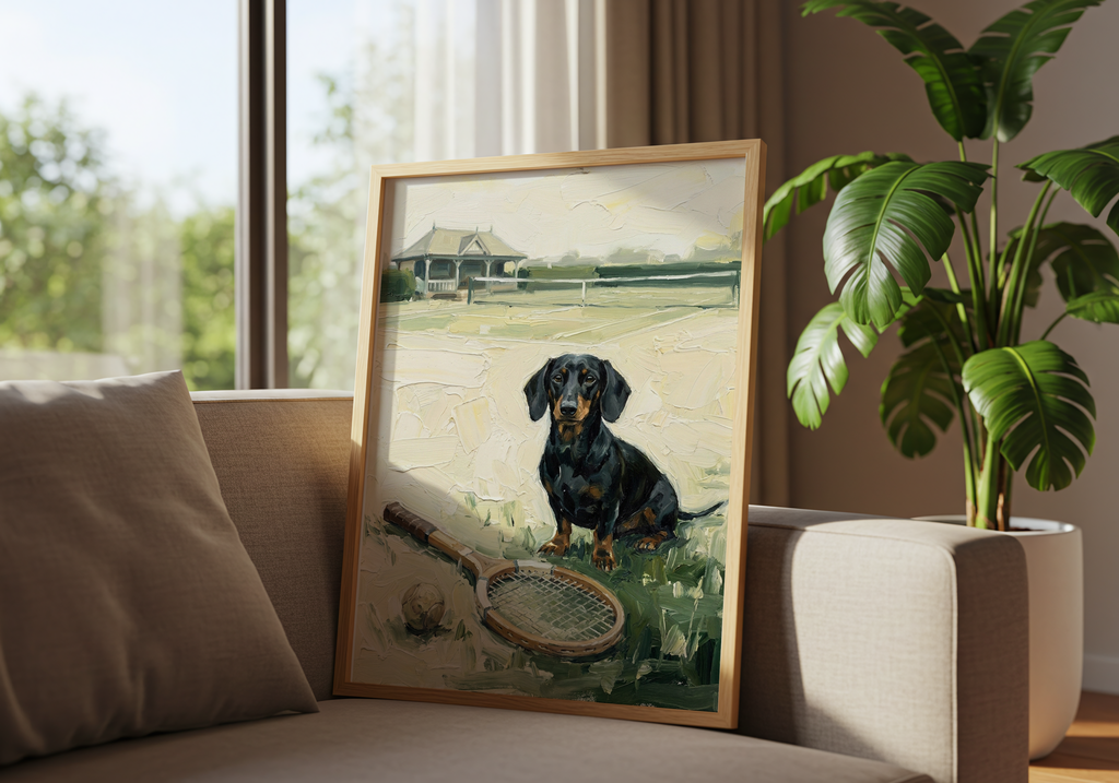 Framed painting of a dachshund on a grassy field with a tennis racket, placed on a couch.