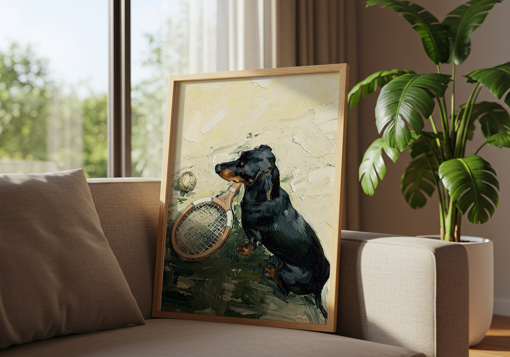 Framed artwork of a dog with a tennis racket on a couch next to a plant