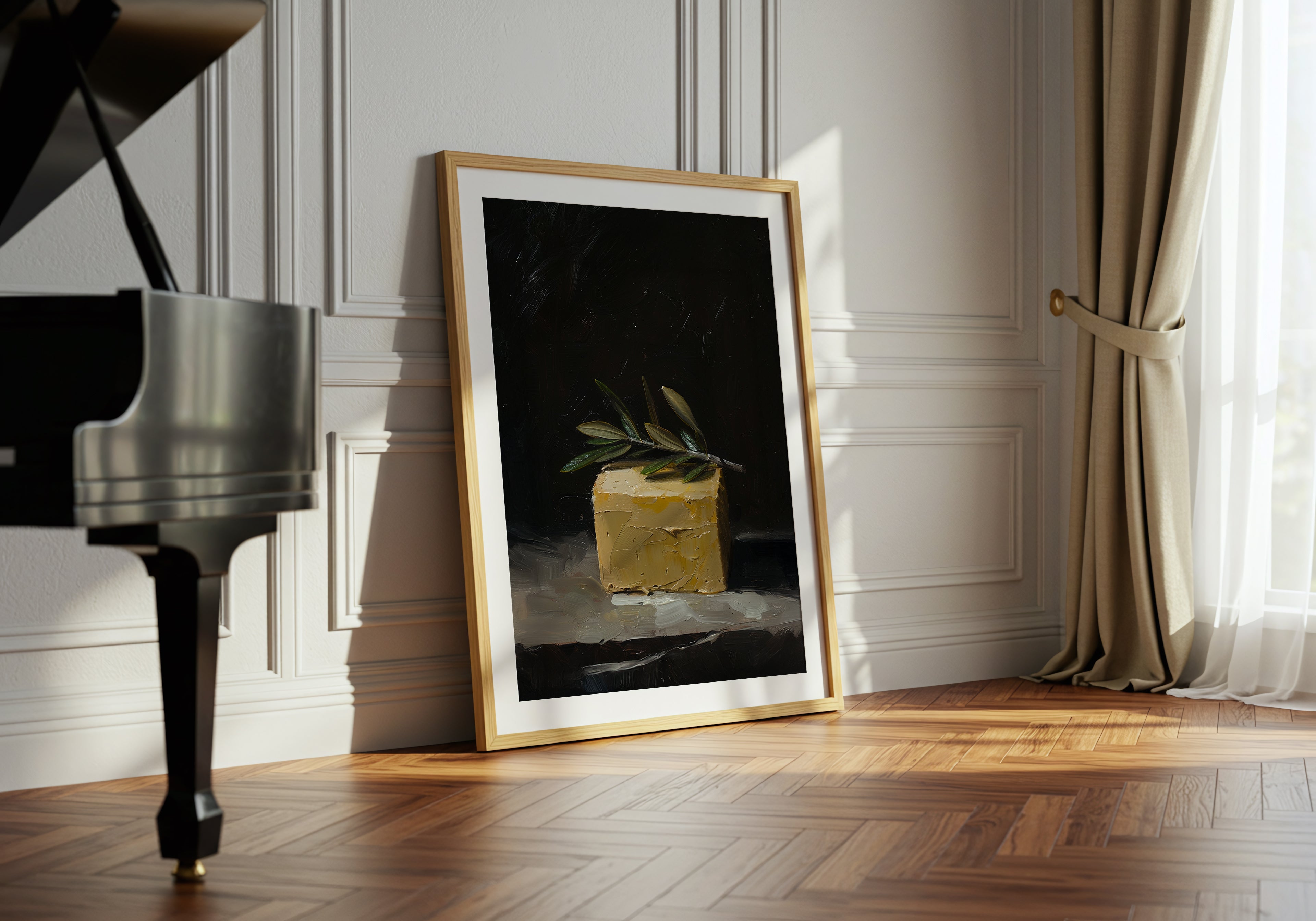 oil style still life painting of a butter block topped with an olive branch on a dark background, classical textured artwork with warm light