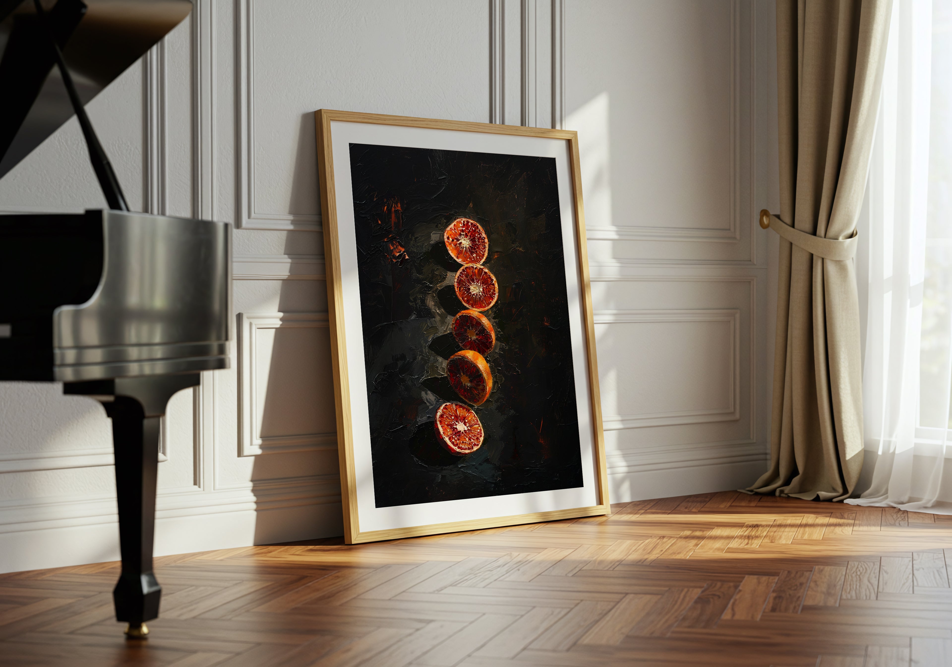 Framed artwork of sliced oranges on a dark background in a room with a piano and curtains.