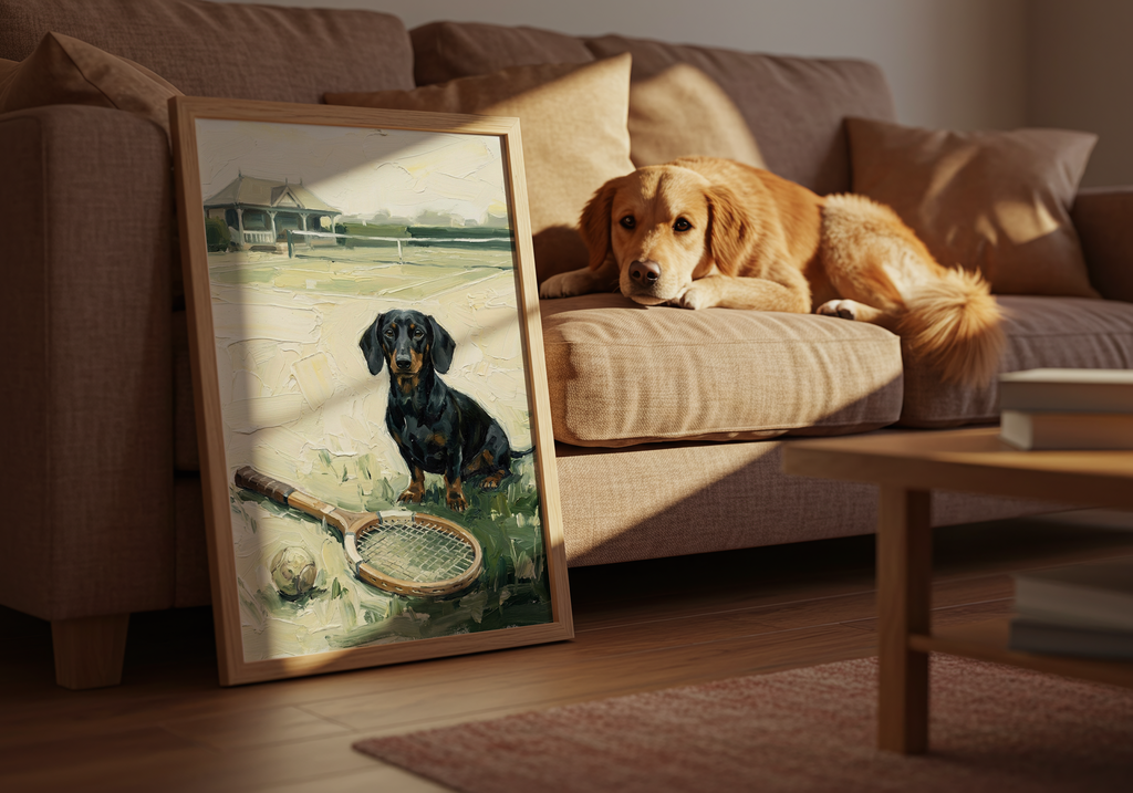 Dog lying on a couch next to a framed painting of a dog with a tennis racket in a living room.