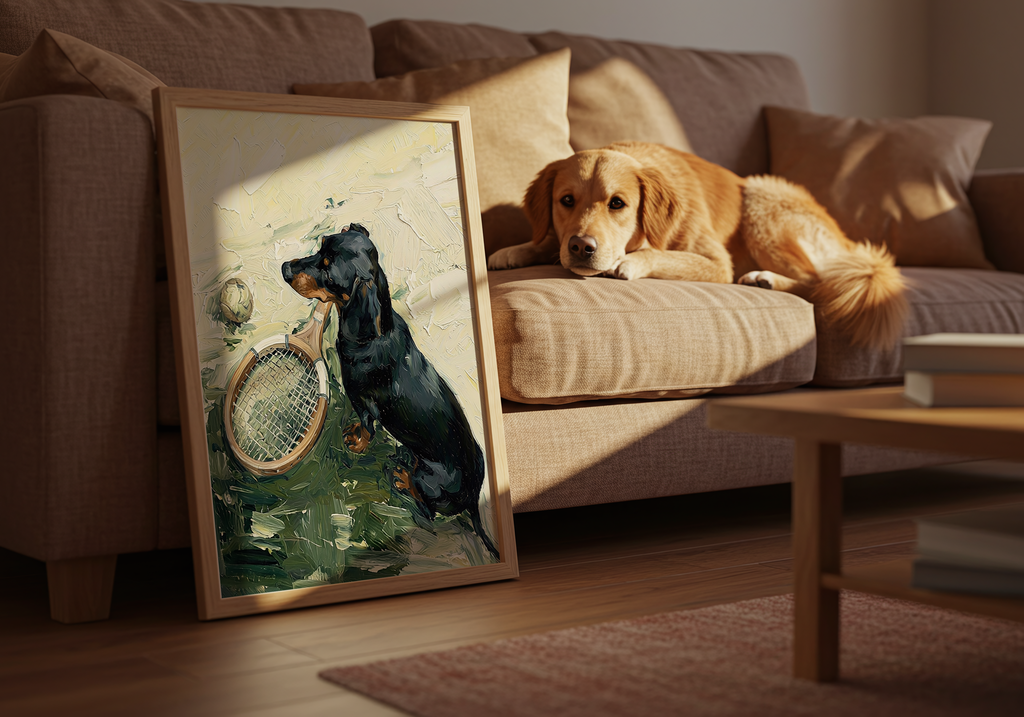 Dog lying on a couch next to a framed painting of two dogs in a living room.