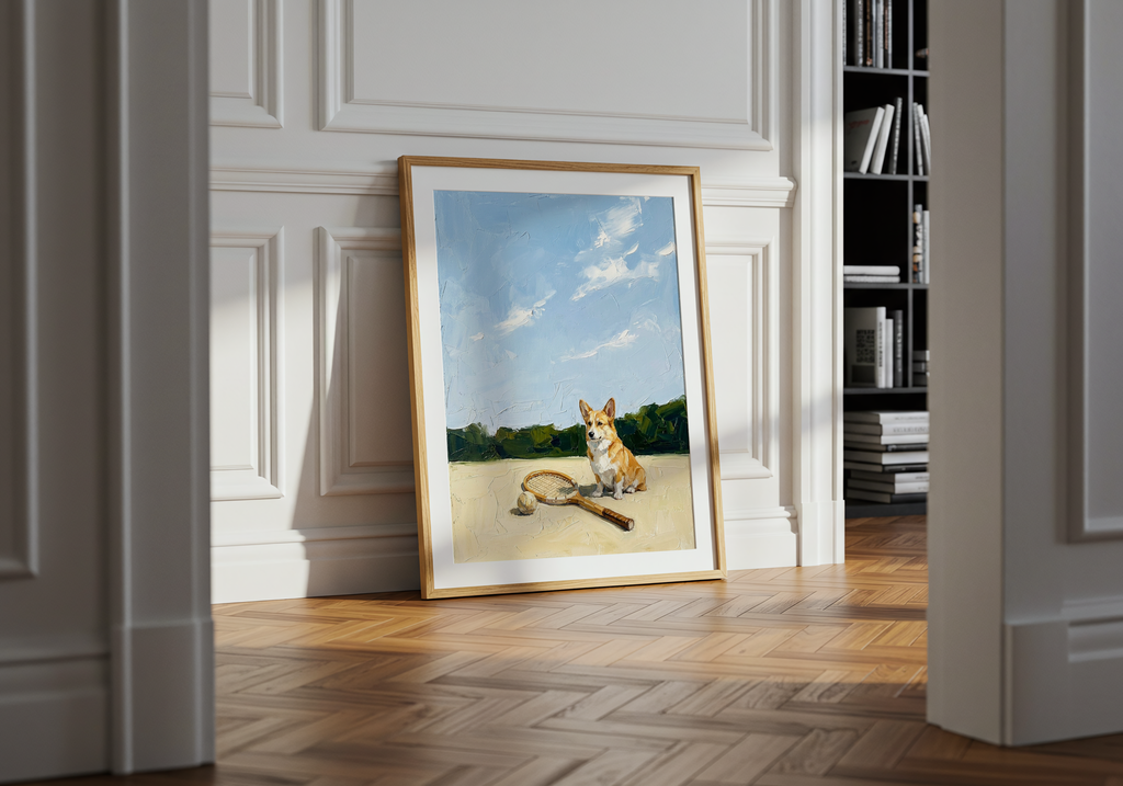 Framed artwork of a dog with a tennis racket on a wall in a room with wooden flooring and a bookshelf.